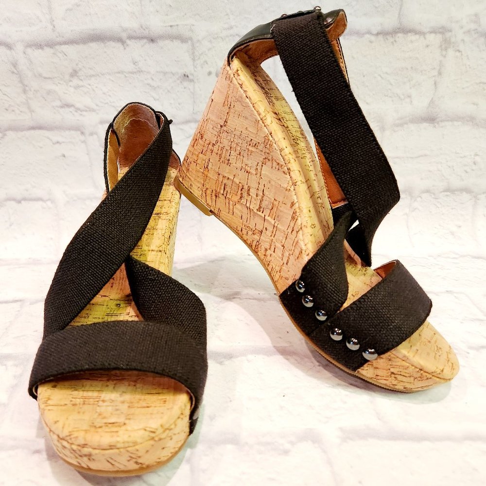 Lucky Brand Black Wedge Platform Cork Crisscross Sandals Sz 6.5